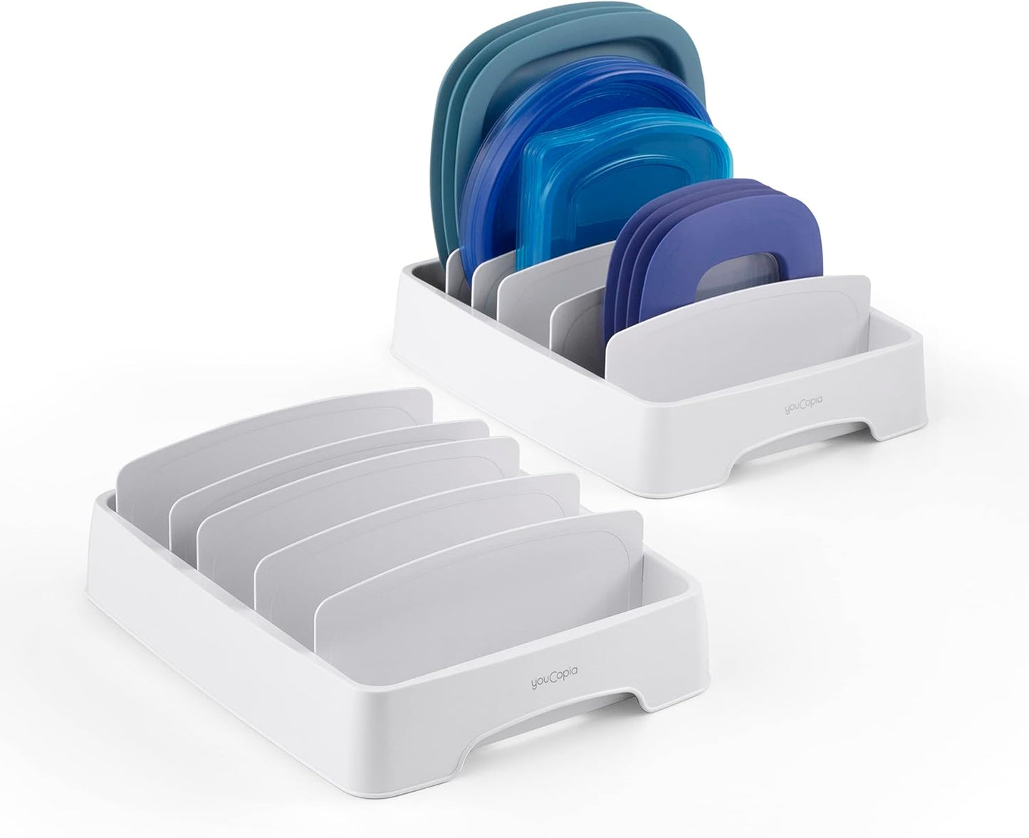 StoraLid Food Container Lid Organizer for Kitchen Cabinet Storage with 5 Adjustable Dividers, 10.5''D × 13.4''W × 3.3''H, Large Classic Edition, White