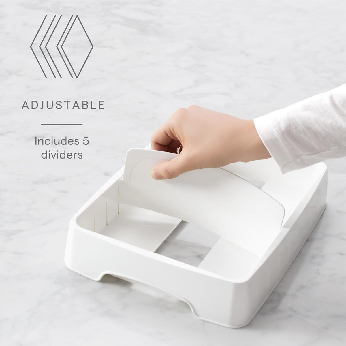 StoraLid Food Container Lid Organizer for Kitchen Cabinet Storage with 5 Adjustable Dividers, 10.5''D × 13.4''W × 3.3''H, Large Classic Edition, White