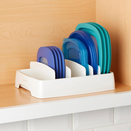 StoraLid Food Container Lid Organizer for Kitchen Cabinet Storage with 5 Adjustable Dividers, 10.5''D × 13.4''W × 3.3''H, Large Classic Edition, White