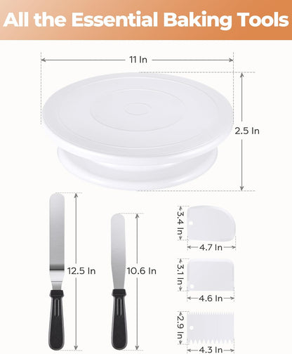 Cake Decorating Kit with Turntable Baking Supplies for Beginner Pros | Essential Baking Tools with Cake Stand Turntable, 2 Spatulas,3 Icing Scrapers, Video Tutorial, Pattern Chart, Starter kit