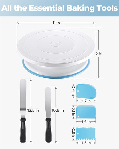 Cake Decorating Kit with Turntable Baking Supplies for Beginner Pros | Essential Baking Tools with Cake Stand Turntable, 2 Spatulas,3 Icing Scrapers, Video Tutorial, Pattern Chart, Starter kit