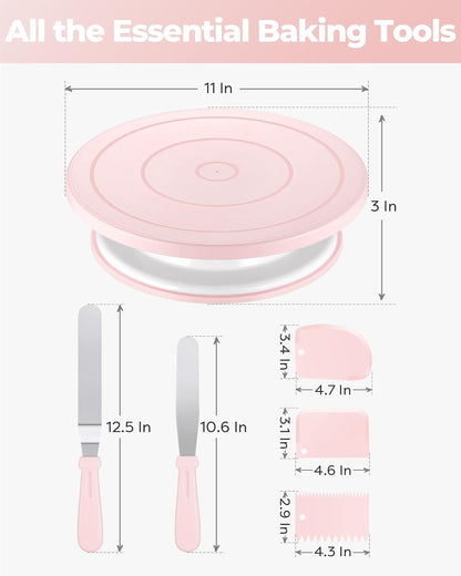 Cake Decorating Kit with Turntable Baking Supplies for Beginner Pros | Essential Baking Tools with Cake Stand Turntable, 2 Spatulas,3 Icing Scrapers, Video Tutorial, Pattern Chart, Starter kit