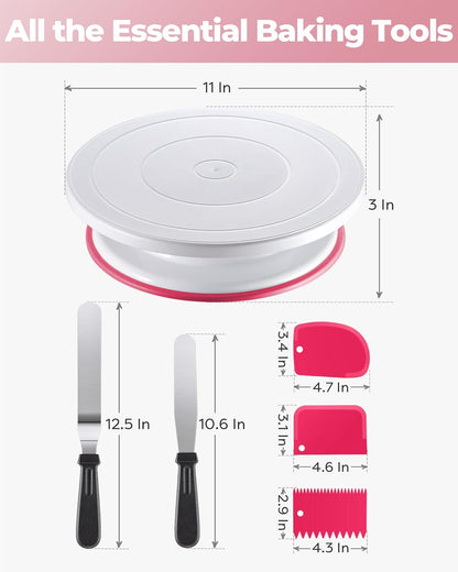 Cake Decorating Kit with Turntable Baking Supplies for Beginner Pros | Essential Baking Tools with Cake Stand Turntable, 2 Spatulas,3 Icing Scrapers, Video Tutorial, Pattern Chart, Starter kit