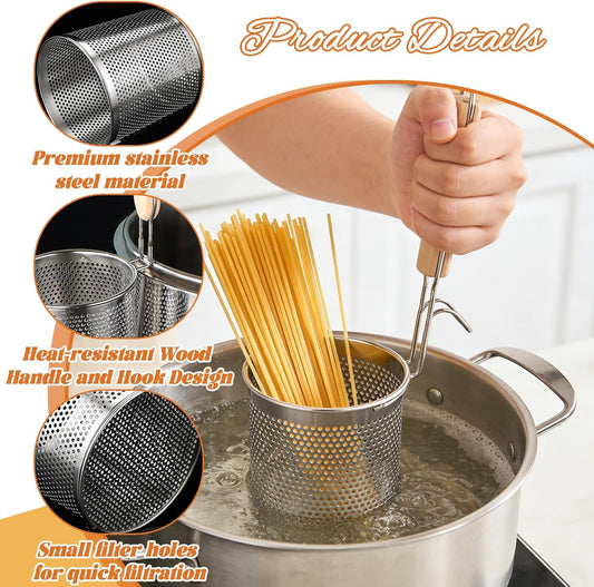 2 Pack Pasta Strainer with Handle Pasta Basket Spider Mesh Strainer Stainless Steel for Noodle, Boiling Food, Ramen, Spaghetti, Dumpling (4.6"D X 5.78"H)