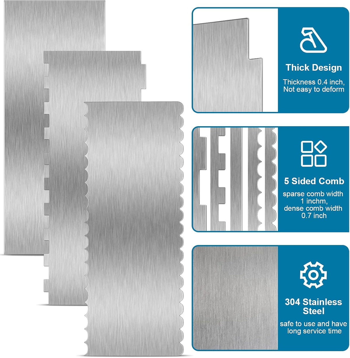 3 Pcs Stainless Steel Cake Scraper, Double Pattern Edges