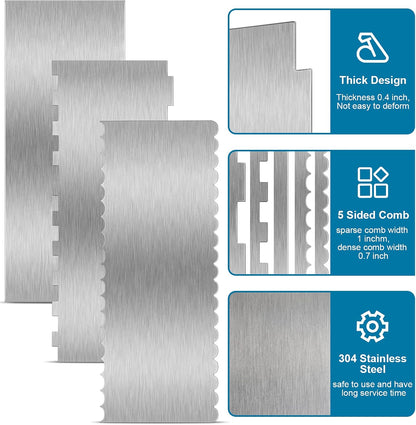 3 Pcs Stainless Steel Cake Scraper, Double Pattern Edges