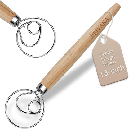 Danish Dough Whisk for Sourdough Bread, 13-Inch Bread Whisk with Wooden Handle, Stainless Steel Single Loop Dough Mixer and Sourdough Whisk for Bread Making, Pizza Dough, Batter and Pastry