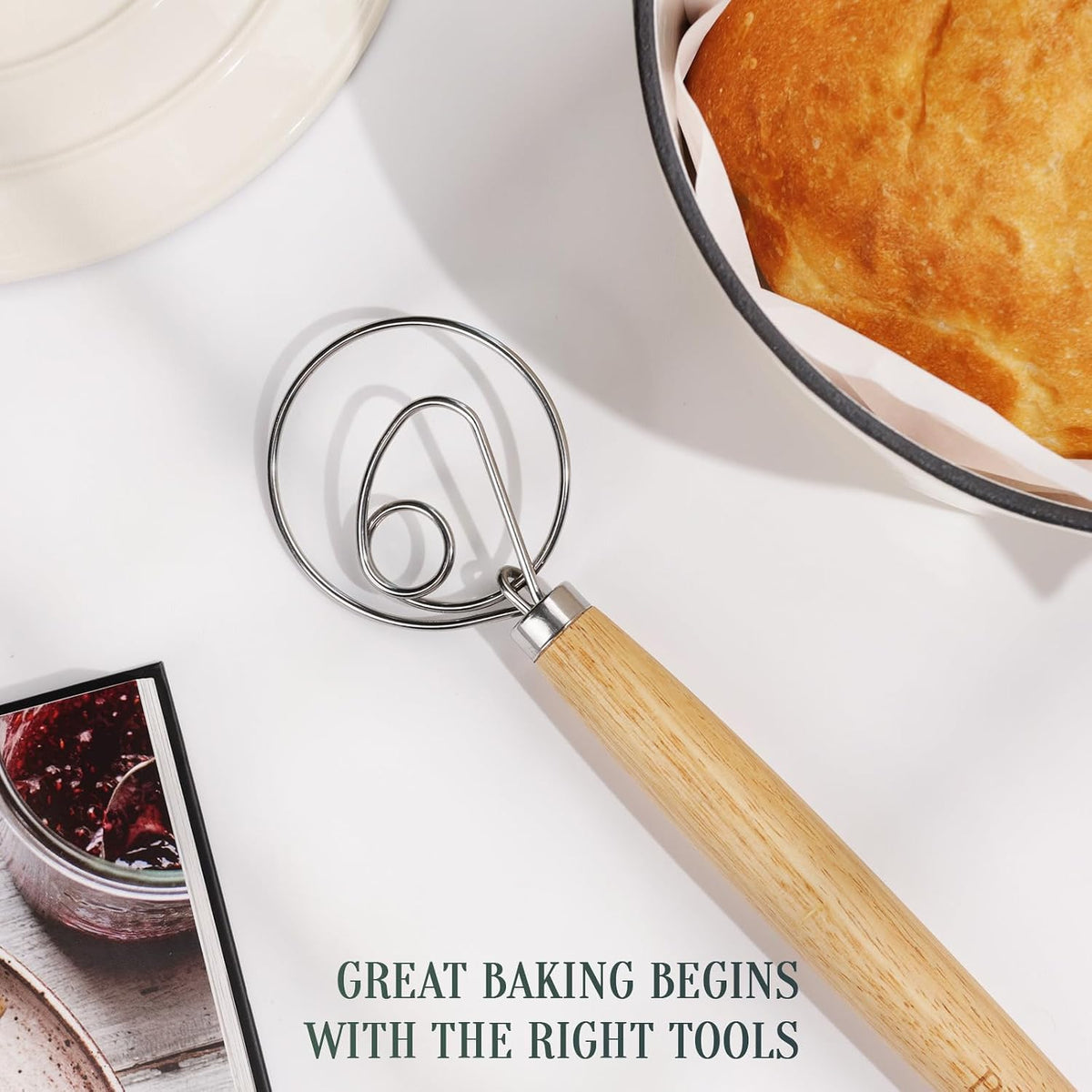 Danish Dough Whisk for Sourdough Bread, 13-Inch Bread Whisk with Wooden Handle, Stainless Steel Single Loop Dough Mixer and Sourdough Whisk for Bread Making, Pizza Dough, Batter and Pastry