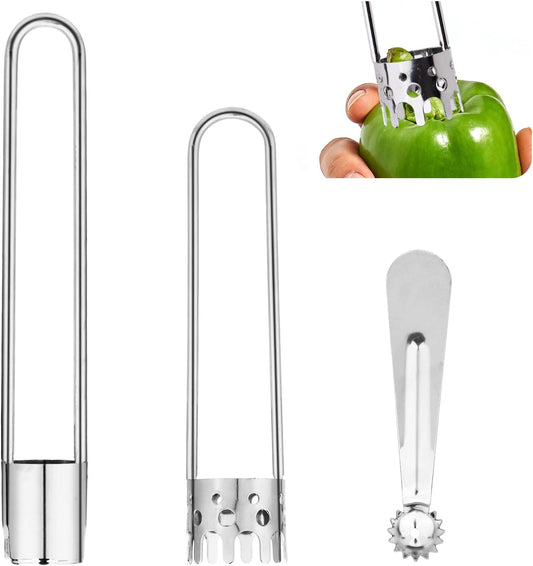 2pcs Fruit & Vegetable Corers & 1pcs Stem Remover, Stainless Steel Kitchen Tool Set Silver Fruit Vegetable Cores Tools Include Apple, Strawberry, Tomato, Bell Pepper for Home Restaurant Kitchen