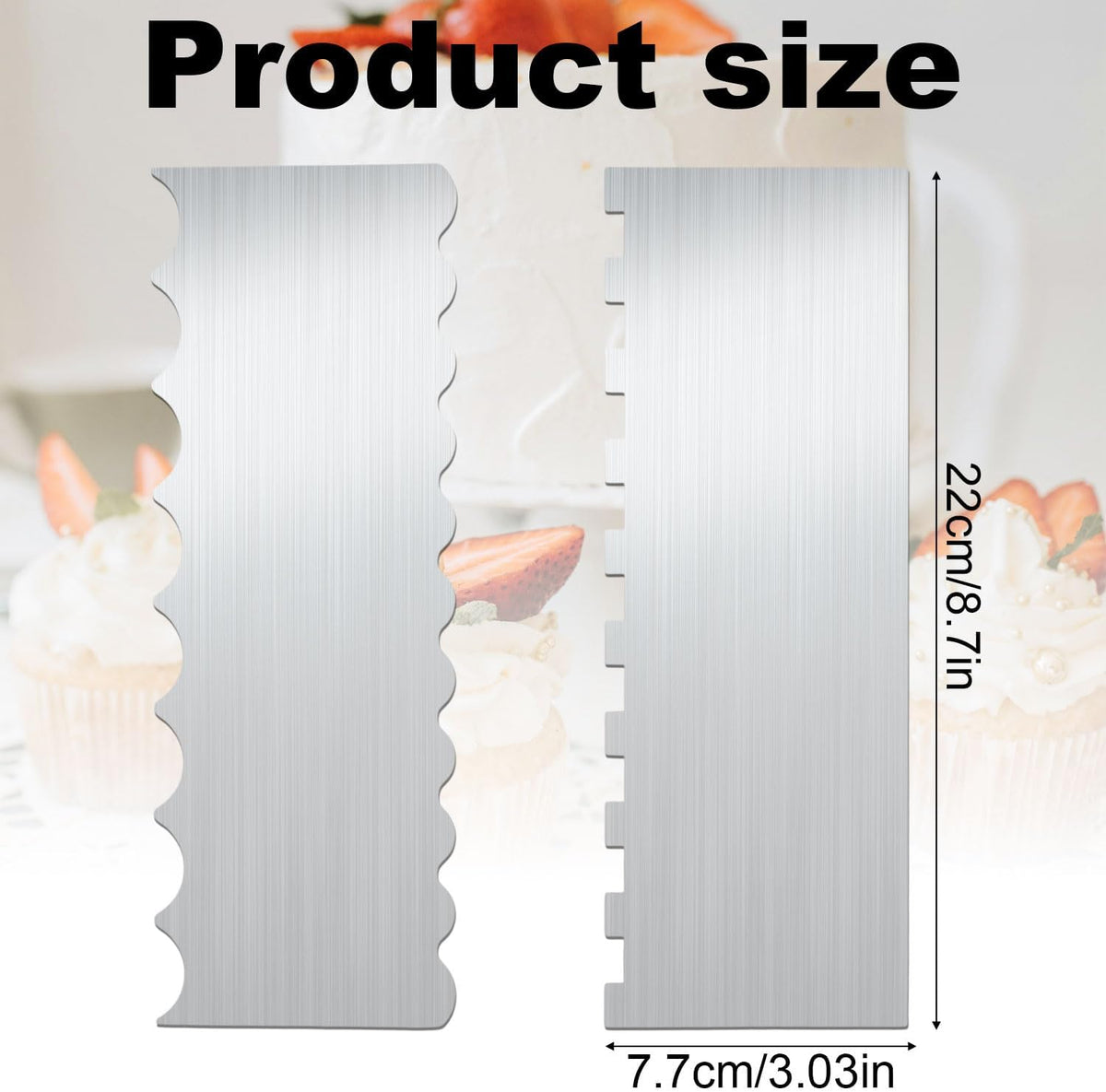 2pcs Stainless Steel Cake Bench Scraper Spatula Kit, 8.7in Stripe Edge Comb Smoother Decorating Metal Tools for Kitchen Baking Mousse Pastry DIY Icing Buttercream Frosting Leveler Supplies