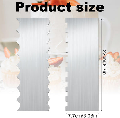 2pcs Stainless Steel Cake Bench Scraper Spatula Kit, 8.7in Stripe Edge Comb Smoother Decorating Metal Tools for Kitchen Baking Mousse Pastry DIY Icing Buttercream Frosting Leveler Supplies