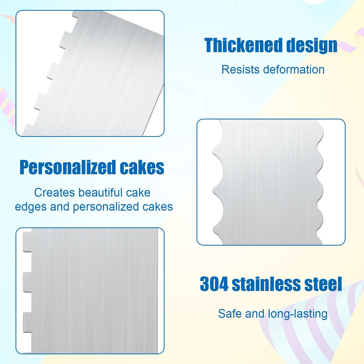 2pcs Stainless Steel Cake Bench Scraper Spatula Kit, 8.7in Stripe Edge Comb Smoother Decorating Metal Tools for Kitchen Baking Mousse Pastry DIY Icing Buttercream Frosting Leveler Supplies
