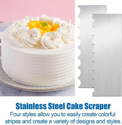 2pcs Stainless Steel Cake Bench Scraper Spatula Kit, 8.7in Stripe Edge Comb Smoother Decorating Metal Tools for Kitchen Baking Mousse Pastry DIY Icing Buttercream Frosting Leveler Supplies