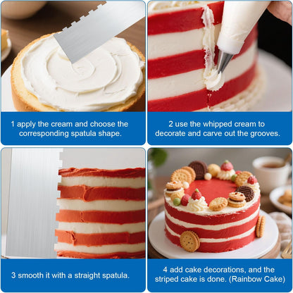 2pcs Stainless Steel Cake Bench Scraper Spatula Kit, 8.7in Stripe Edge Comb Smoother Decorating Metal Tools for Kitchen Baking Mousse Pastry DIY Icing Buttercream Frosting Leveler Supplies