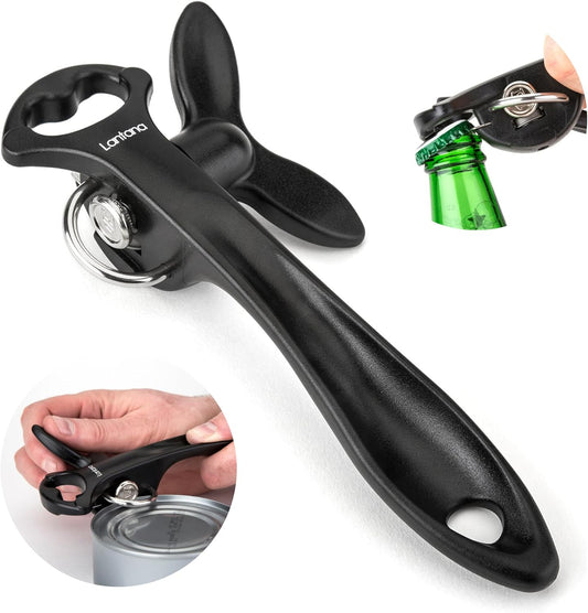 Can Opener (Smooth Edge/Safety), Handheld Manual, Bottle Cap Lifter | No sharp edges, smooth edge safety cutting, lid fits back onto can, easy grip handle, lightweight and easy to use