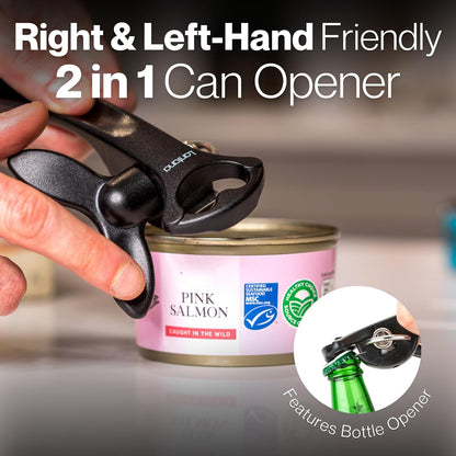 Can Opener (Smooth Edge/Safety), Handheld Manual, Bottle Cap Lifter | No sharp edges, smooth edge safety cutting, lid fits back onto can, easy grip handle, lightweight and easy to use