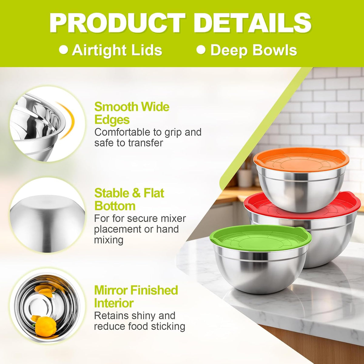 Mixing Bowls, Stainless Steel Nesting Salad Bowls & Airtight Lids