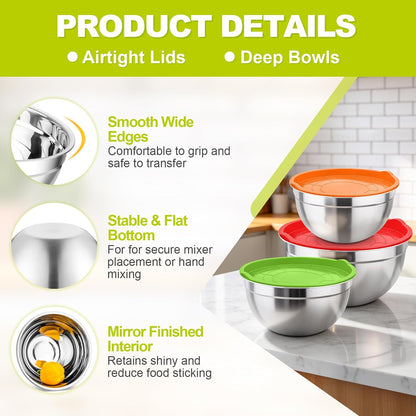 Mixing Bowls, Stainless Steel Nesting Salad Bowls & Airtight Lids