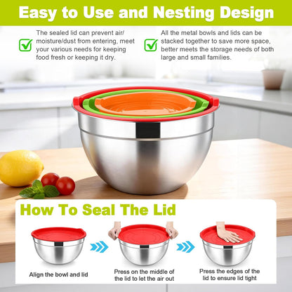 Mixing Bowls, Stainless Steel Nesting Salad Bowls & Airtight Lids