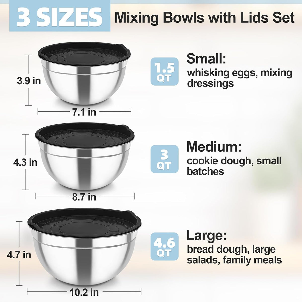 Mixing Bowls, Stainless Steel Nesting Salad Bowls & Airtight Lids