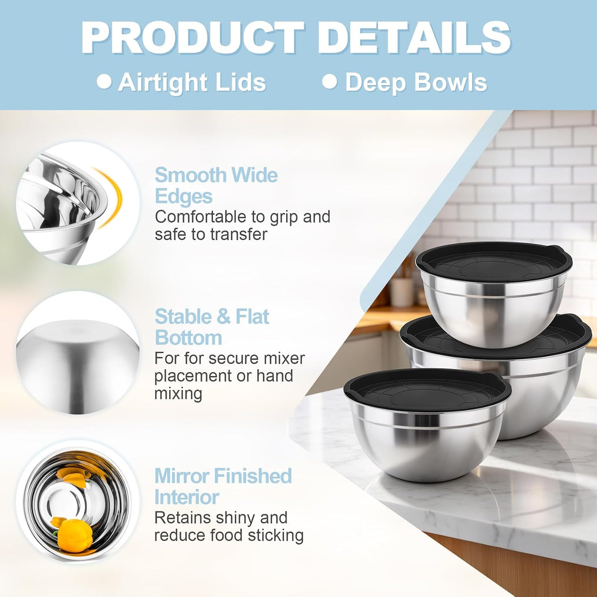 Mixing Bowls, Stainless Steel Nesting Salad Bowls & Airtight Lids