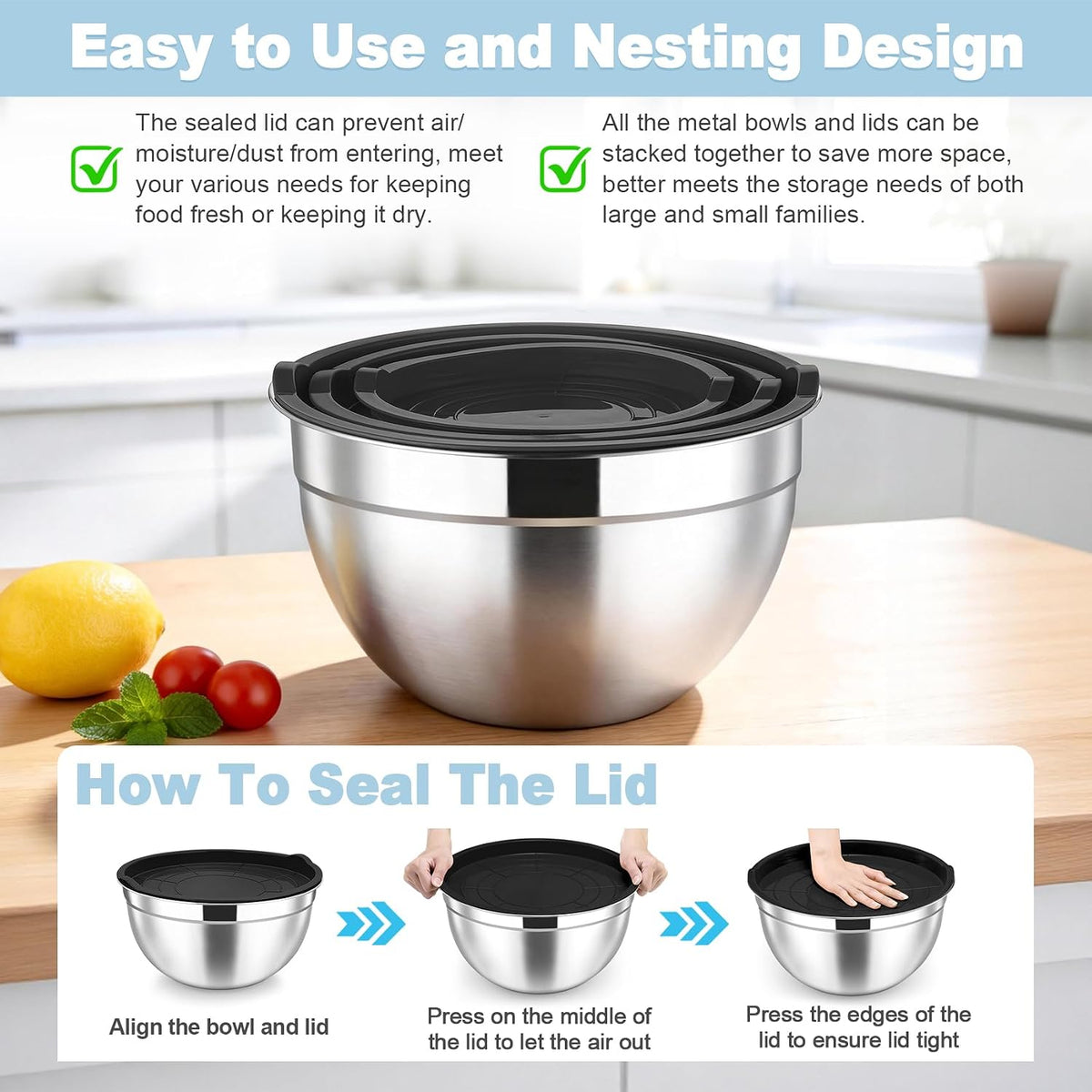 Mixing Bowls, Stainless Steel Nesting Salad Bowls & Airtight Lids