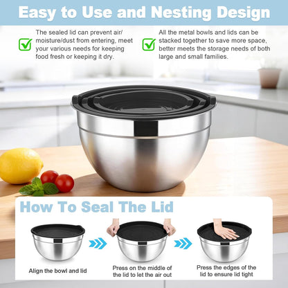 Mixing Bowls, Stainless Steel Nesting Salad Bowls & Airtight Lids