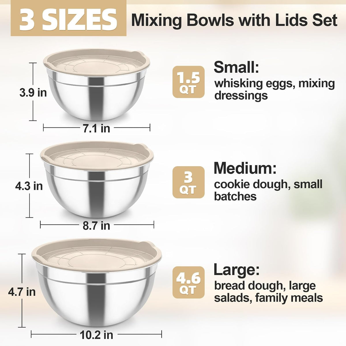 Mixing Bowls, Stainless Steel Nesting Salad Bowls & Airtight Lids