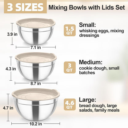 Mixing Bowls, Stainless Steel Nesting Salad Bowls & Airtight Lids