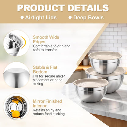 Mixing Bowls, Stainless Steel Nesting Salad Bowls & Airtight Lids