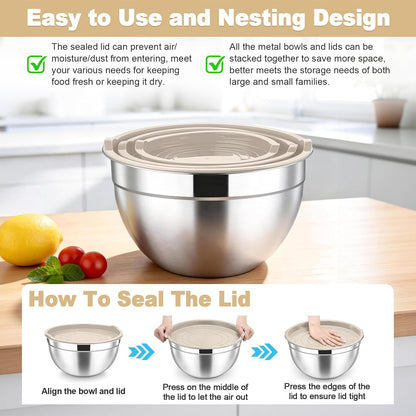 Mixing Bowls, Stainless Steel Nesting Salad Bowls & Airtight Lids