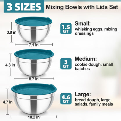 Mixing Bowls, Stainless Steel Nesting Salad Bowls & Airtight Lids