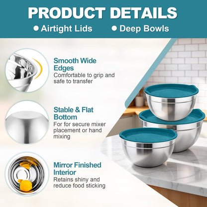 Mixing Bowls, Stainless Steel Nesting Salad Bowls & Airtight Lids