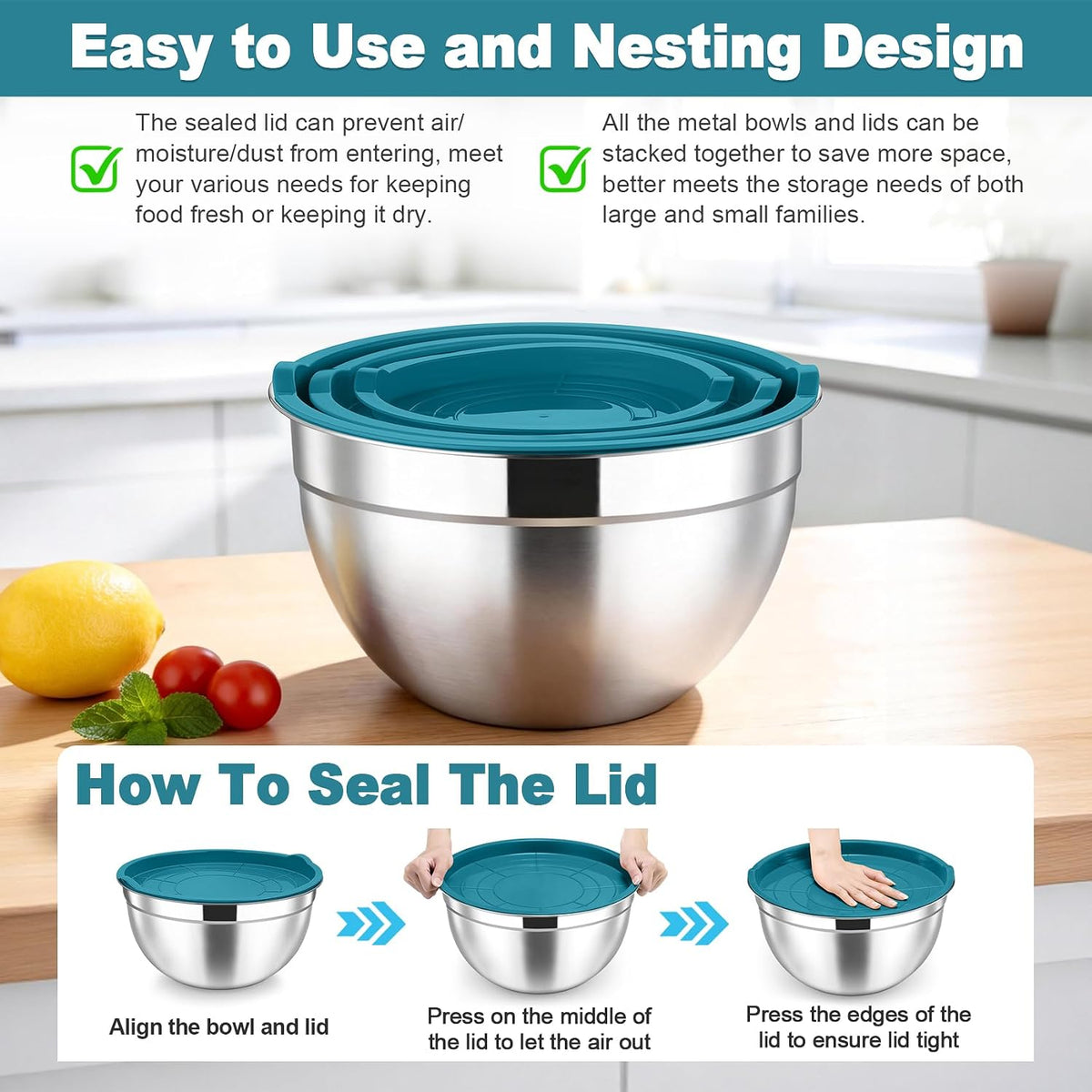 Mixing Bowls, Stainless Steel Nesting Salad Bowls & Airtight Lids
