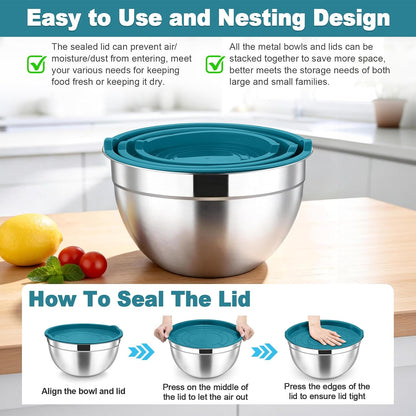Mixing Bowls, Stainless Steel Nesting Salad Bowls & Airtight Lids