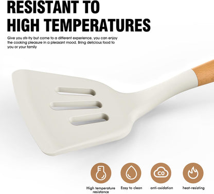 Silicone Cooking Utensils Set, Silicone Utensils for Cooking, 446° Heat Resistant Kitchen Utensil Silicone Spatula Sets, Kitchen Gadgets for Non-Stick Cookware BPA FREE (Cream White)