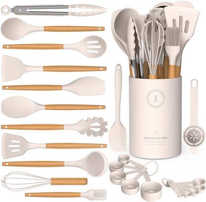 Silicone Cooking Utensils Set, Silicone Utensils for Cooking, 446° Heat Resistant Kitchen Utensil Silicone Spatula Sets, Kitchen Gadgets for Non-Stick Cookware BPA FREE (Cream White)