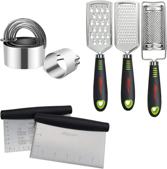 2Pcs Bench Scraper, 3Pcs Food Graters, 1Pc Pastry Blender & Biscuit Cutter - Stainless Steel Kitchen Tool Set