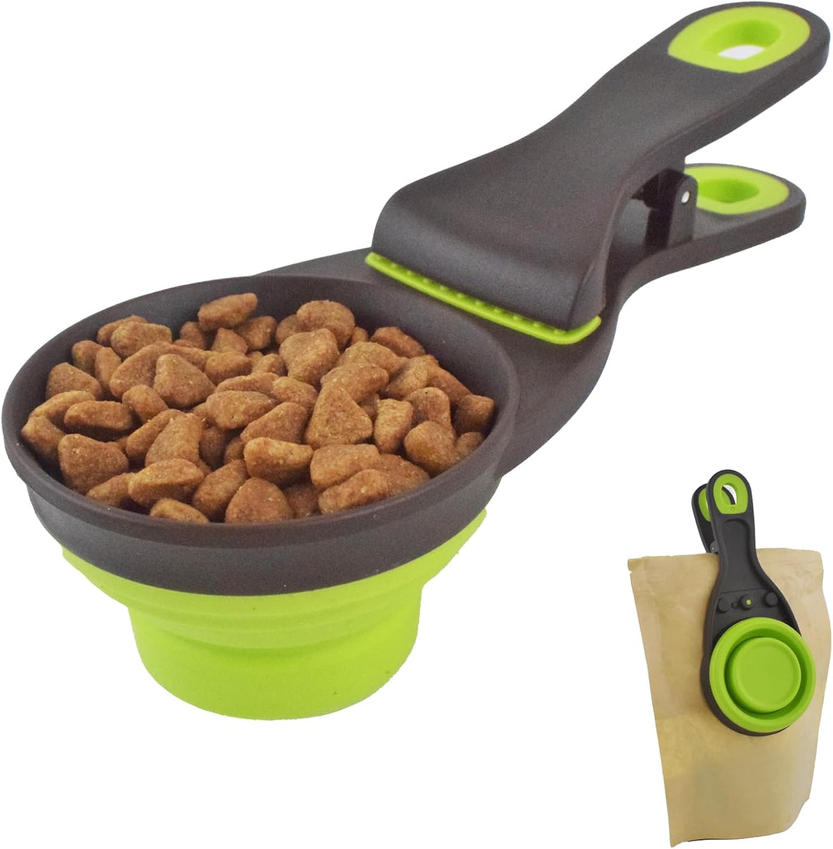 3 in 1 Multi-Function Dog Food Scoop with Measurements and Bag Clip Collapsible Dog Food Measuring Cup for Animals Silicone Measuring Spoons 1/2 Cup Capacity, Green, S