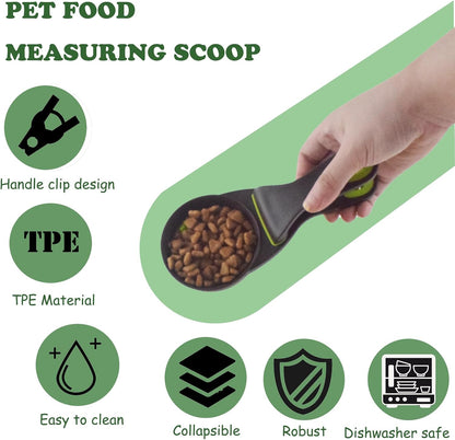 3 in 1 Multi-Function Dog Food Scoop with Measurements and Bag Clip Collapsible Dog Food Measuring Cup for Animals Silicone Measuring Spoons 1/2 Cup Capacity, Green, S