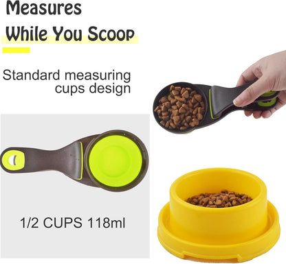 3 in 1 Multi-Function Dog Food Scoop with Measurements and Bag Clip Collapsible Dog Food Measuring Cup for Animals Silicone Measuring Spoons 1/2 Cup Capacity, Green, S