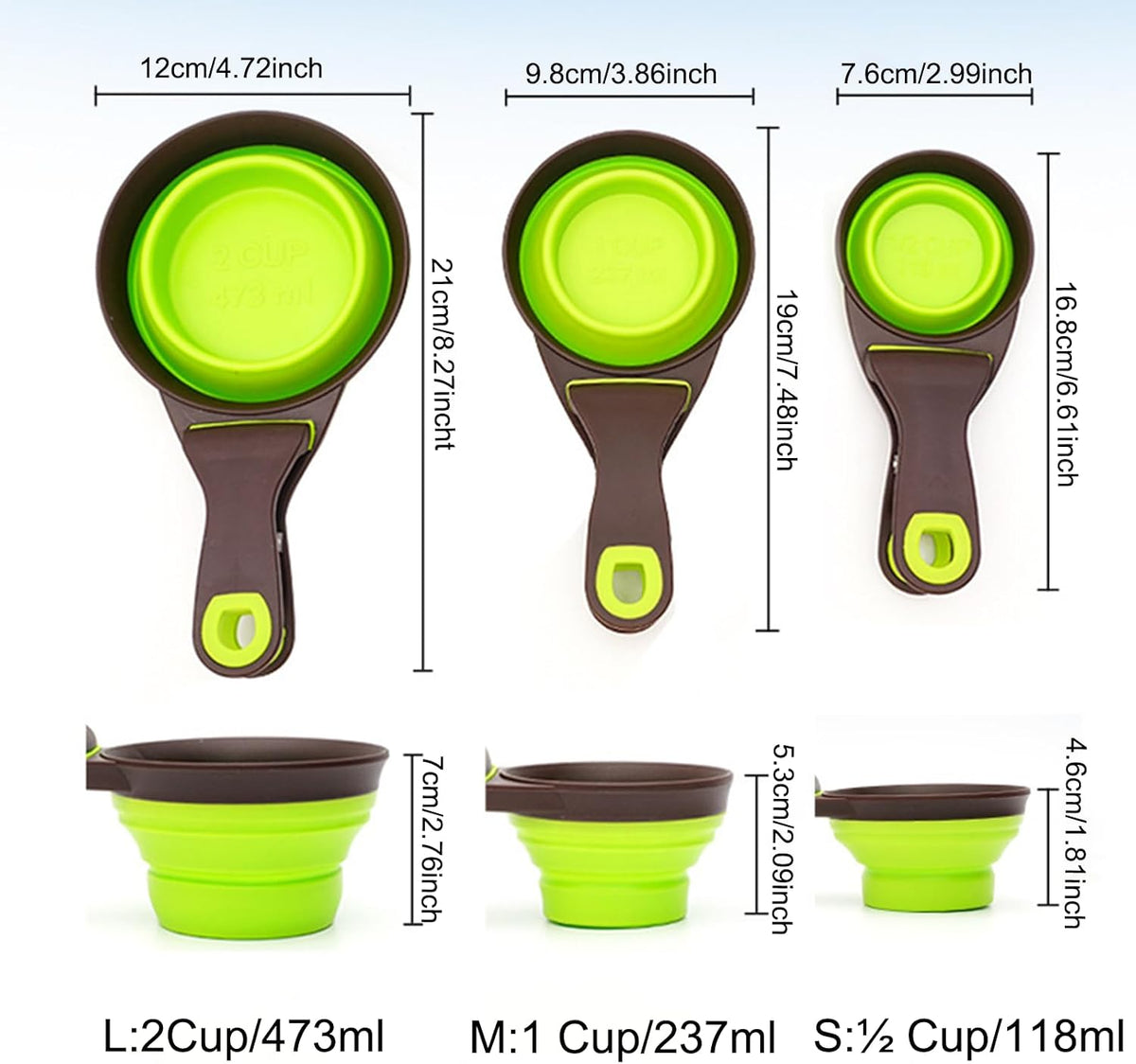 3 in 1 Multi-Function Dog Food Scoop with Measurements and Bag Clip Collapsible Dog Food Measuring Cup for Animals Silicone Measuring Spoons 1/2 Cup Capacity, Green, S
