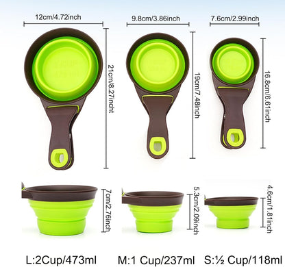 3 in 1 Multi-Function Dog Food Scoop with Measurements and Bag Clip Collapsible Dog Food Measuring Cup for Animals Silicone Measuring Spoons 1/2 Cup Capacity, Green, S