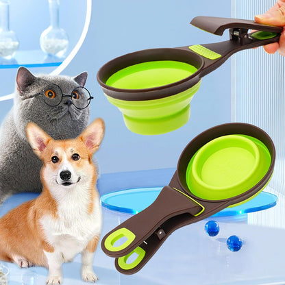 3 in 1 Multi-Function Dog Food Scoop with Measurements and Bag Clip Collapsible Dog Food Measuring Cup for Animals Silicone Measuring Spoons 1/2 Cup Capacity, Green, S