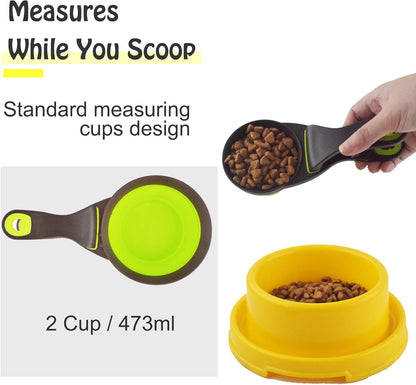 3 in 1 Multi-Function Dog Food Scoop with Measurements and Bag Clip Collapsible Dog Food Measuring Cup for Animals Silicone Measuring Spoons 1/2 Cup Capacity, Green, S
