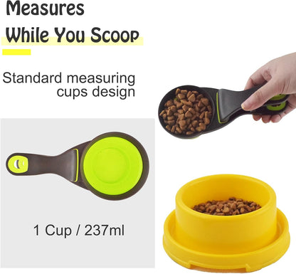 3 in 1 Multi-Function Dog Food Scoop with Measurements and Bag Clip Collapsible Dog Food Measuring Cup for Animals Silicone Measuring Spoons 1/2 Cup Capacity, Green, S