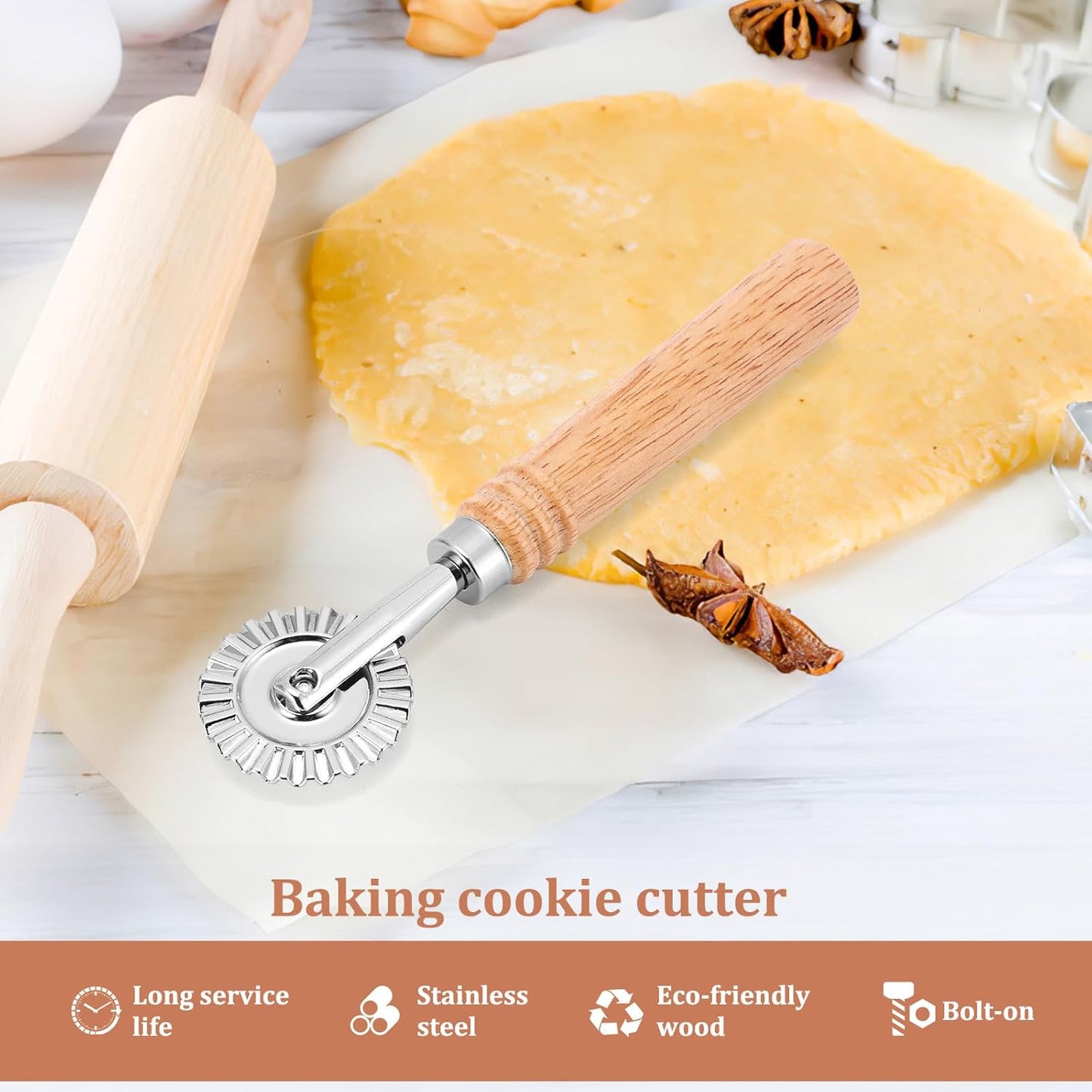 Pastry Cutter Wheel, Ravioli Cutter Wheel with Long Wooden Handle | Pasta Cutter Dumpling Lace Making Noodle Ruffled Edge Cookies Pie Cutter Kitchen Dough Cutting Tool