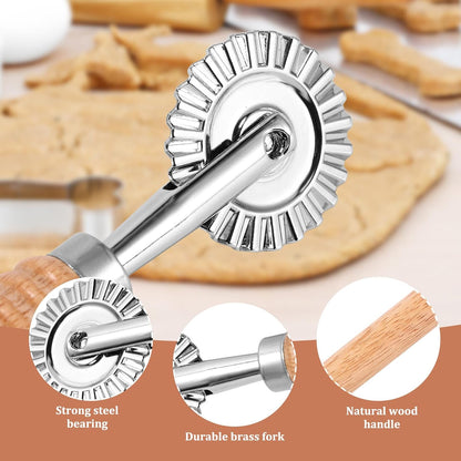 Pastry Cutter Wheel, Ravioli Cutter Wheel with Long Wooden Handle | Pasta Cutter Dumpling Lace Making Noodle Ruffled Edge Cookies Pie Cutter Kitchen Dough Cutting Tool