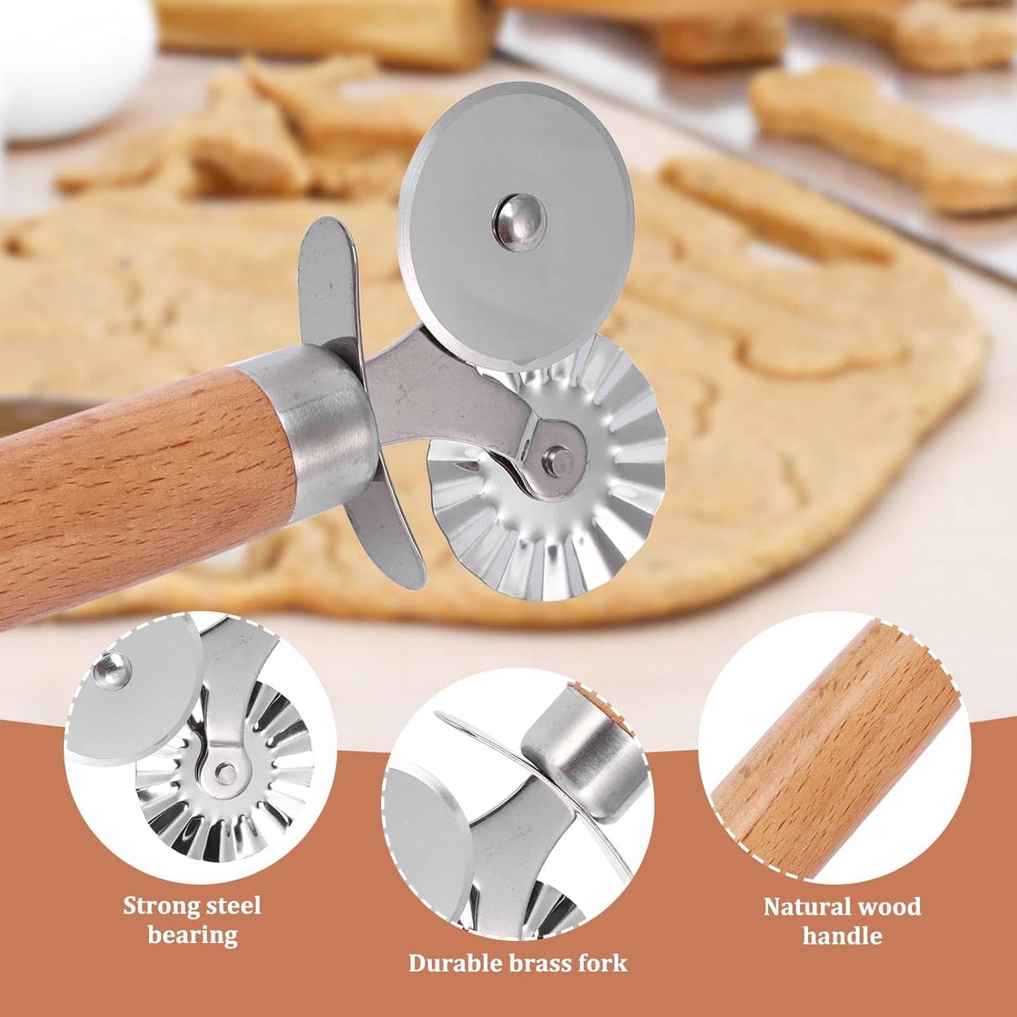 Pastry Cutter Wheel, Ravioli Cutter Wheel with Long Wooden Handle | Pasta Cutter Dumpling Lace Making Noodle Ruffled Edge Cookies Pie Cutter Kitchen Dough Cutting Tool