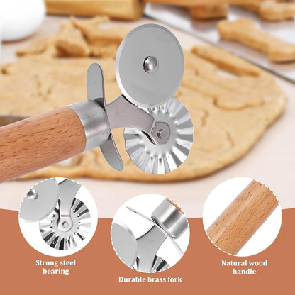 Pastry Cutter Wheel, Ravioli Cutter Wheel with Long Wooden Handle | Pasta Cutter Dumpling Lace Making Noodle Ruffled Edge Cookies Pie Cutter Kitchen Dough Cutting Tool